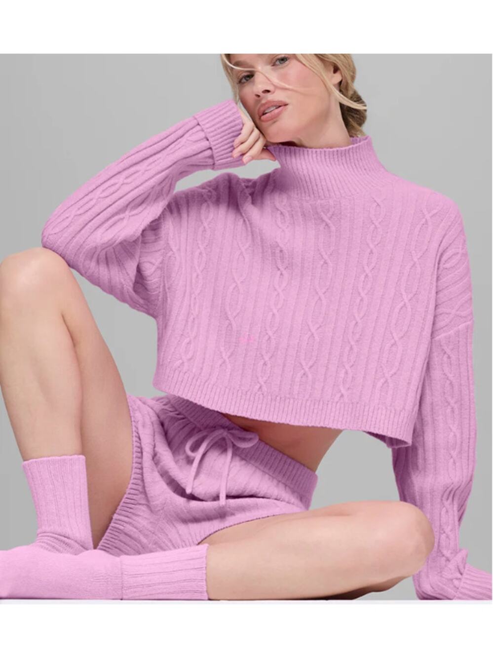 Alo Cable Knit Cropped Winter Bliss Turtleneck Long Sleeve Candy Heart Pink XS - Picture 1 of 5